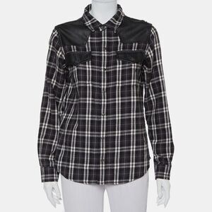 Current/elliott Monochrome Checkered Cotton Faux Leather Detail Button Front